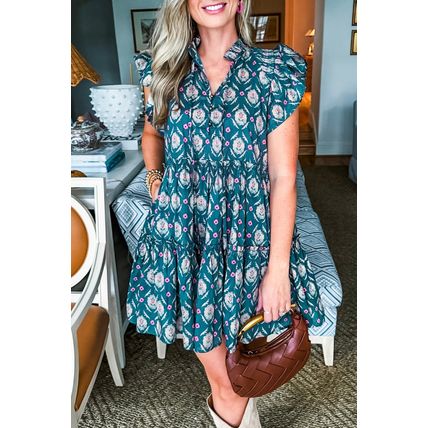 Blue Retro Floral Print Split Neck Ruffle Short Sleeve Dress