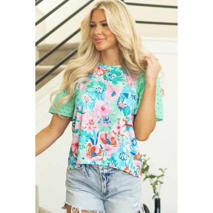 Green Floral Print Eyelet Embroidered Short Sleeve Crew Neck Top