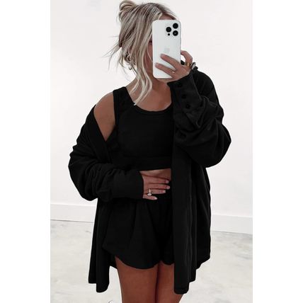 Black 3 Pcs Crop Tank Top Shorts with Cardigan Lounge Set