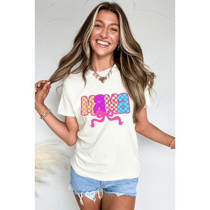 White MAMA Checkered Bow Knot Print Crewneck T Shirt
