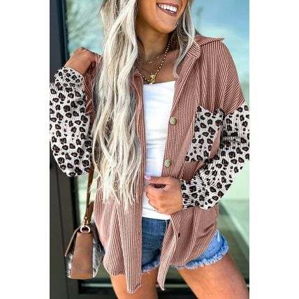 Dark Khaki Leopard Patched Twisted Ribbed Western Casual Shacket