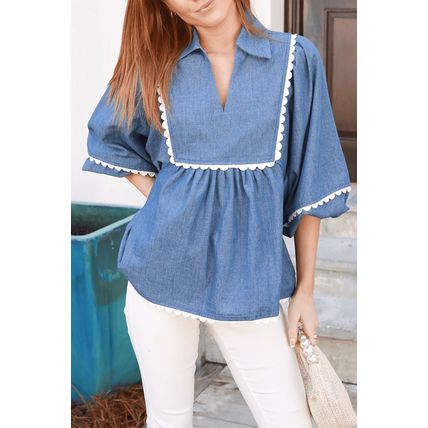 Dusk Blue Lace Ric Rac 3/4 Puff Sleeve Collared Babydoll Blouse