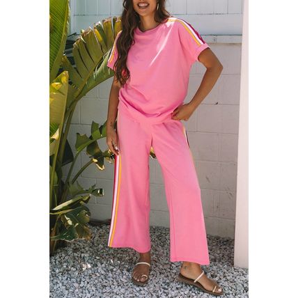 Bonbon Color Contrast Crewneck T Shirt and Wide Leg High Waist Pants Set