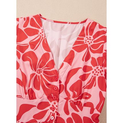 Red Boho Floral Short Sleeve V Neck Buttoned Shirred Waist Long Dress
