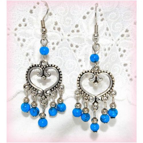 Summer Gift Tibet Love Heart Blue Turquoise Bead Hook Earrings Jewellery 1493