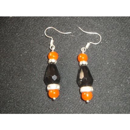 Elegant medium size black peardrop & orange crystal glass dangle earrings