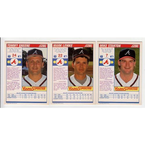 3 1990 Score Young Superstars Braves RC rookie cards #7 Stanton, #22 Lemke, #24