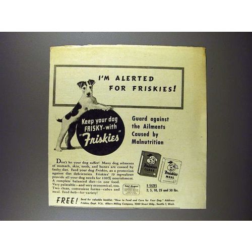 1946 Friskies Dog Food Ad - I'm Alerted!