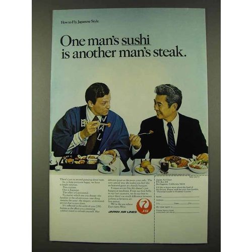1973 JAL Japan Air Lines Ad - One Man's Sushi