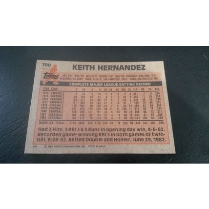 1983 Topps Card # 700 Keith Hernandez Excellent (5) St Louis Cardinals