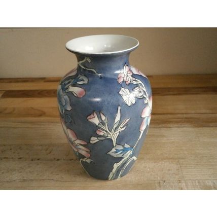 Blue & Pink Oriental Design Hand Painted Floral Vase