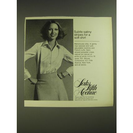 1974 Saks Fifth Avenue Blouse Ad - Subtle satiny stripes for a soft shirt