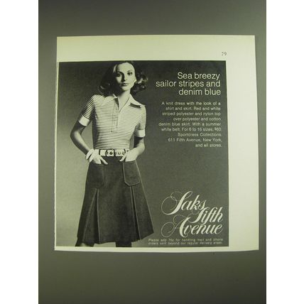 1974 Saks Fifth Avenue Sportdress Ad - Sea breezy sailor stripes and denim blue