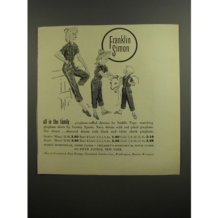 1952 Franklin Simon Saddle Togs Denims and Variety Sports Shirts Advertisement