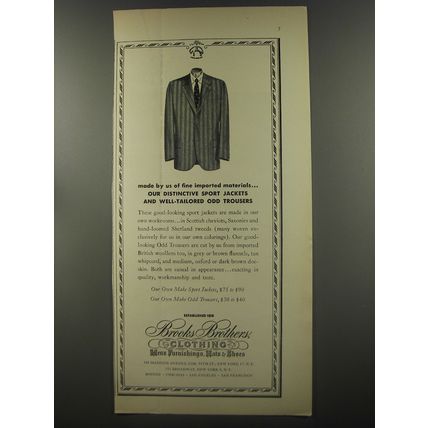 1956 Brooks Brothers Clothing Ad - made by us of fine imported materials