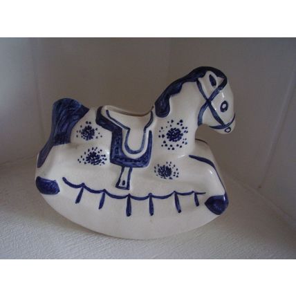Vintage Rocking Horse Money Box Blue David Sharp style Signed S or G Piggy Bank