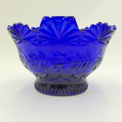 Imperial Poland Cobalt Blue Glass 24% Lead Crystal Fruit Bowl Vintage Art 6.5”x8
