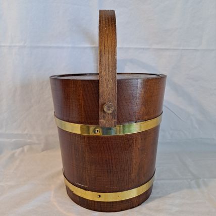 Vintage WOOD ICE BUCKET Barrel Brass Lid & Liner Handle 8" Wooden Barware Holder
