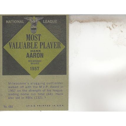 HANK AARON 1958 AUTOGRAPHED MOST VALUABLE PLAYERS HOF WORLD CHAMPION OUTFIELDER
