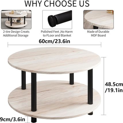 23.6" round Coffee Table, 2-Tier Small Circle Coffee Table with Storage, Modern