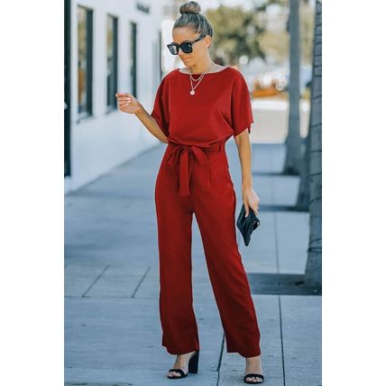 Red Belted Wide Leg Jumpsuit