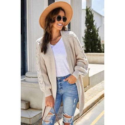 Khaki Open Front Cable Sleeve Long Cardigan