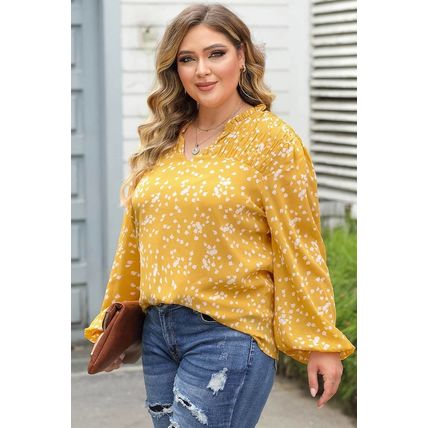 Yellow Plus Size Floral Print Ruched Split Neck Blouse