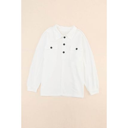 White Plus Size Long Sleeve Flap Pocket Henley Top