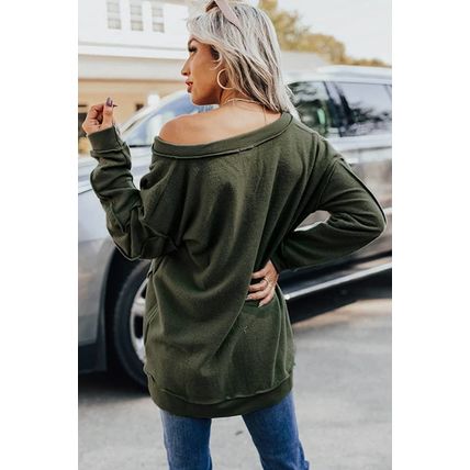 Green Expose Seam Detail Split Neck Long Sleeve Top