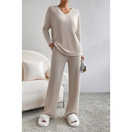 Khaki Ribbed Knit V Neck Slouchy Two-piece Outfit