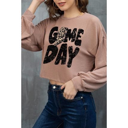 Khaki Game Day Graphic Crop Corded Knit Top