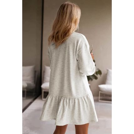 White Solid Color Puff Sleeve Ruffle Hem Mini Dress