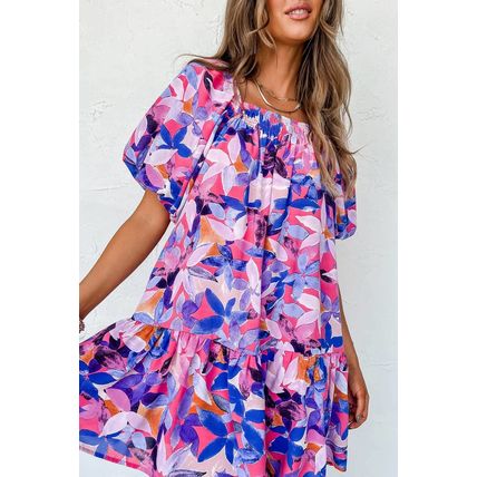 Purple Flower Print Short Puff Sleeve Ruffled Dress
