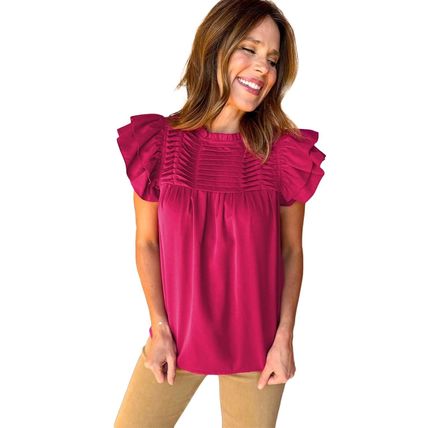 Rose Red Smocked Ruffle Sleeve Blouse