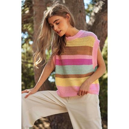 Pink Stripe Crochet Cap Sleeve Loose Fit Sweater T Shirt