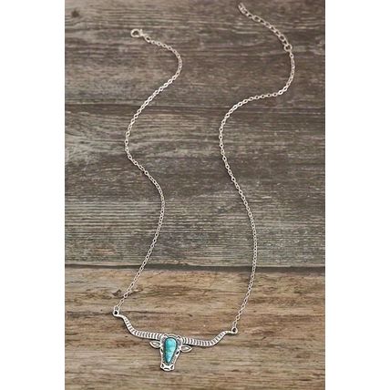 Light Blue Turquoise Steer Head Pendant Chain Necklace