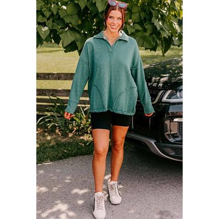 Evergreen Exposed Seam Collared Pocketed Loose Sweatshirt