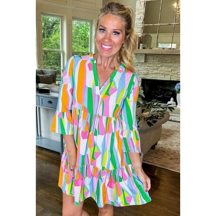 Green Abstract Print Ruffled Sleeve V Neck Dress