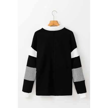 Black Striped Colorblock Patchwork Collar Sweatshirt