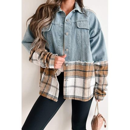 Khaki Plaid Patchwork Buttoned Oversized Denim Jacket