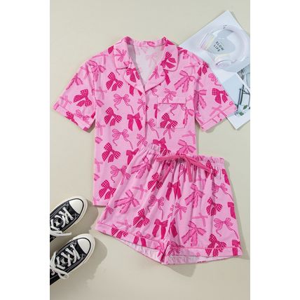 Pink Bow Print Half Sleeve Shirt and Shorts Pajamas Set
