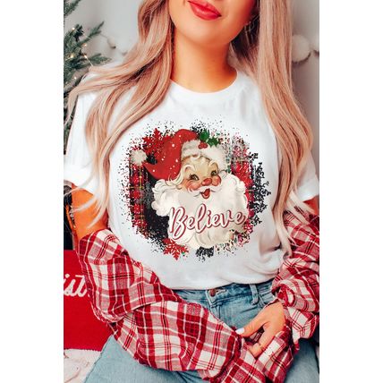White Believe Christmas Father Graphic Crewneck T Shirt
