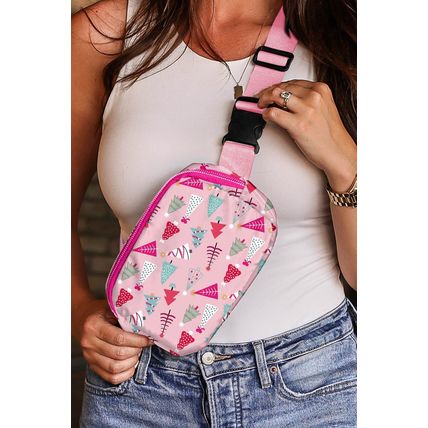 Pink Christmas Tree Print Buckle Wide Strap Sling Bag