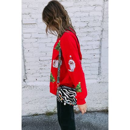 Red Santa Claus Christmas Tree Patched Pattern Drop Shoulder Sweatshirt