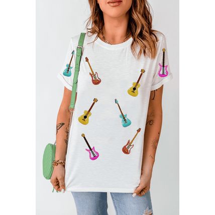 White Guitar Patched Graphic Crew Neck Tee