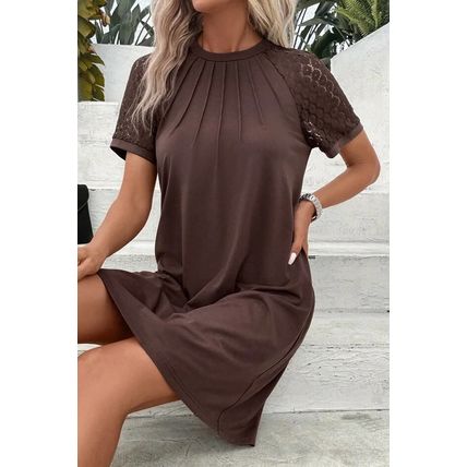 Dark Brown Contrast Lace Raglan Sleeve Pleated Detail Shift Dress