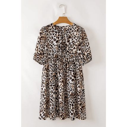 Multicolour Leopard Tie Front Puff Sleeve Short Flared Dress
