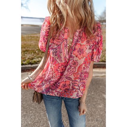 Red Floral Print Ruffled Puff Short Sleeve Blouse