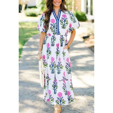 White Floral Puff Short Sleeve V Neck High Waist Maxi Dress