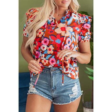Brown Flower Print Self Tie Frilled Collar Puff Sleeve Blouse